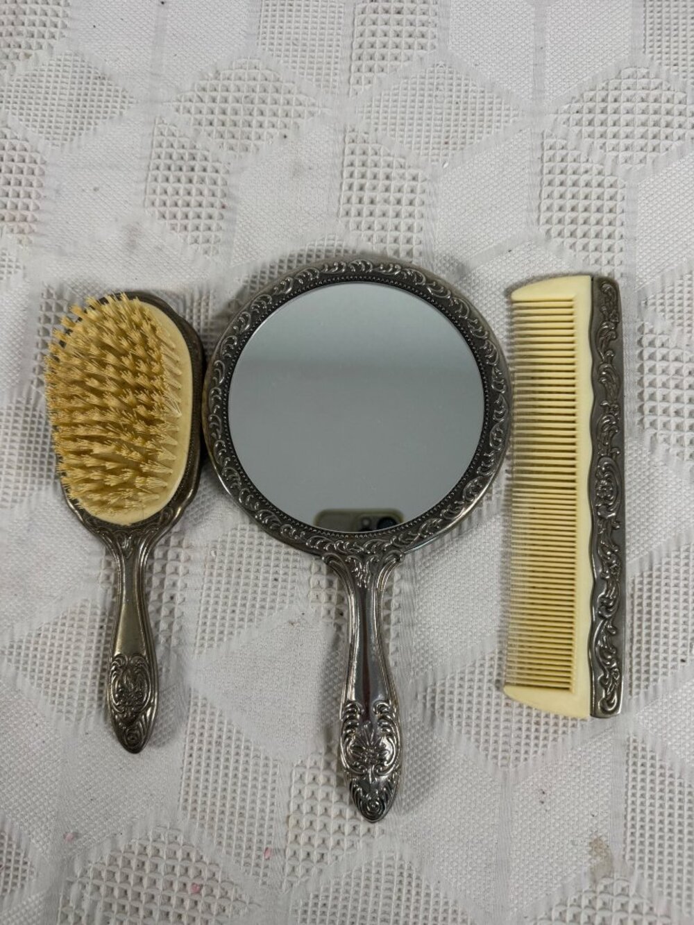 Vintage Silver Plated Vanity Set With Mirror Brush and Comb Ornate Floral Design